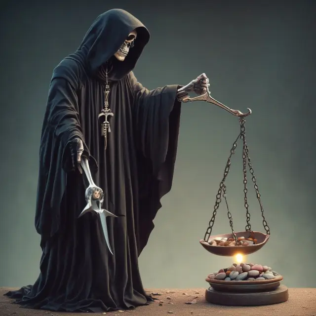 A grim reaper balances a scale with stones labeled 