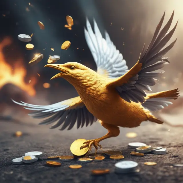 Golden bird dispersing silver coins over a tragedy scene, representing group life supplement accidental death benefits