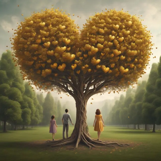 Image depicts a tree bearing golden heart-shaped fruit with branches reaching toward children and a spouse, symbolizing extended accidental death benefits for loved ones