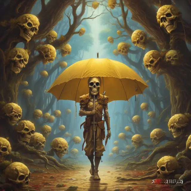 An insurance umbrella shields golden people while transforming branches into AD&D components: skull (accidental death) and limbs (dismemberment)