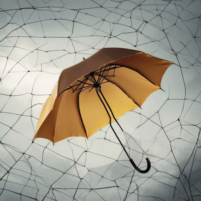 An umbrella with golden safety nets opens, representing the protective role of Accidental Death and Dismemberment (AD&D) insurance for institutional investors.