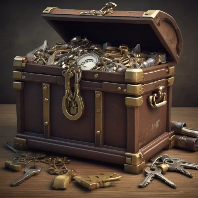 A treasure chest with various keys symbolizing UGMA & UTMA accounts for education, POD trusts, and property tax, insurance, and mortgage escrow accounts.
