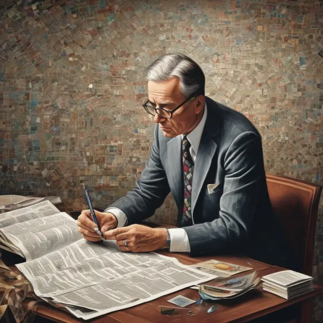 An institutional investor meticulously examining a complex, multi-piece jigsaw puzzle representing an account statement to reveal essential financial insights and patterns.