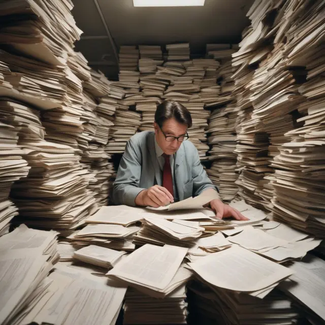 An archivist meticulously sorts and examines piles of account statements to uncover insights into past transactions.