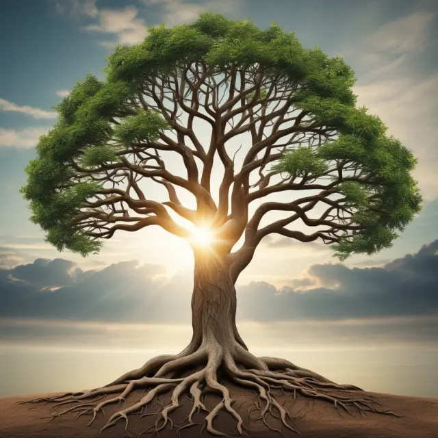 Image of a tree with employees, managers, and corporations as roots growing towards a sun, illustrating the importance of accountability in driving growth