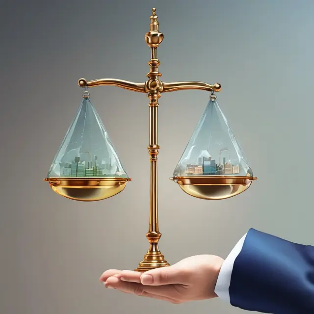 Scales representing accountability in technology, finance, healthcare, and energy industries, with transparent scales tilting towards trustworthiness
