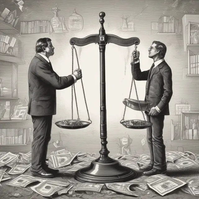 An accountant holding a balanced scale, one side labeled 