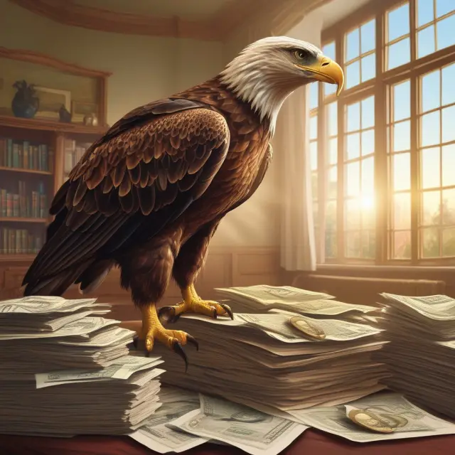 An eagle auditor reviewing financial documents beneath a shining SOX sunbeam, symbolizing truth and transparency.