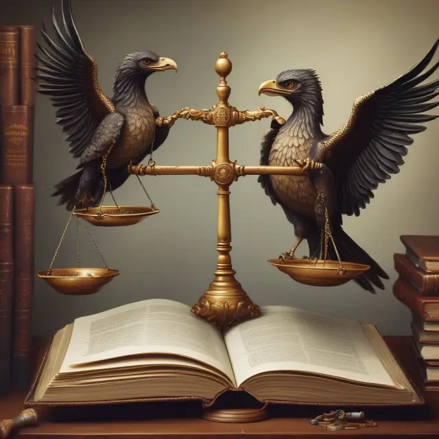 A balance scale with a phoenix (ethical principles) and eagle (regulations), perched on a book of accounting codes.