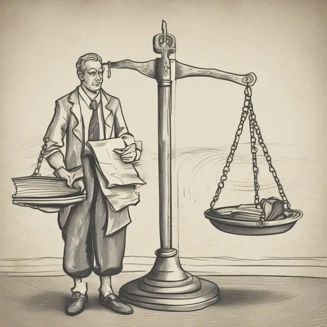 An accountant holding scales represents the balance between their duties and ethics, surrounded by symbolic representations of professional organizations.
