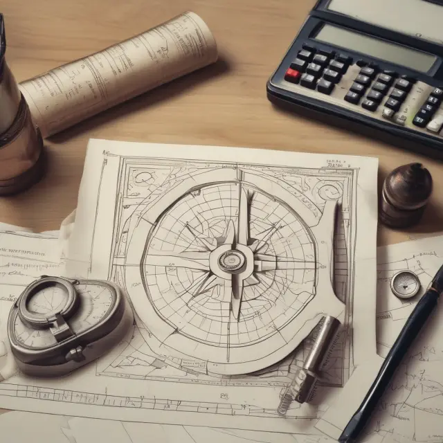 A meticulous accountant examines intricate ledgers while using a calculator and compass to ensure accurate financial records