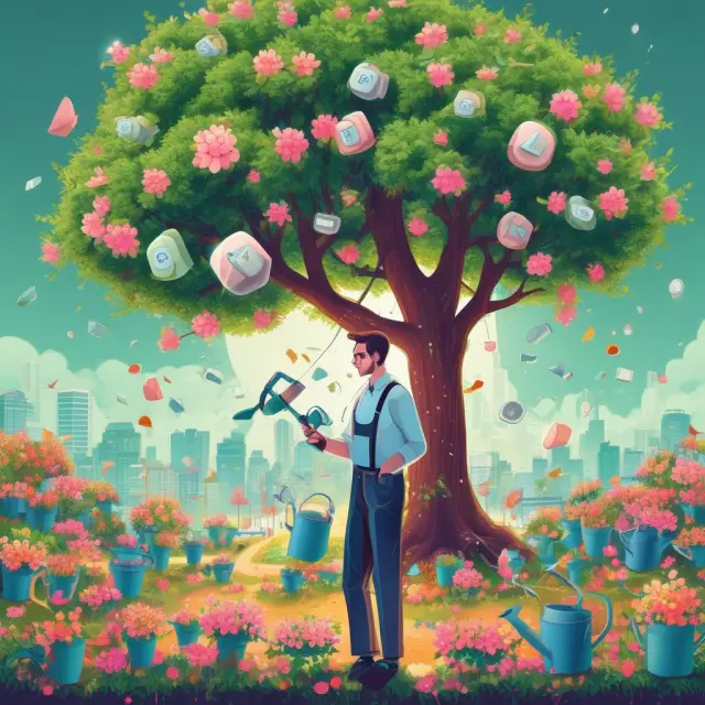 An accountant in a digital garden cultivating a tree of financial data with the help of automated watering cans symbolizing accounting software.