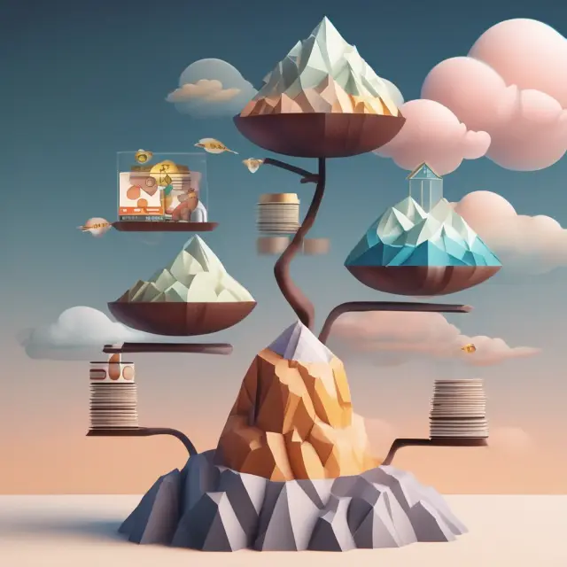 Accounts with balances representing checking, savings, brokerage, expenses, and credit cards atop a mountain, symbolizing financial management
