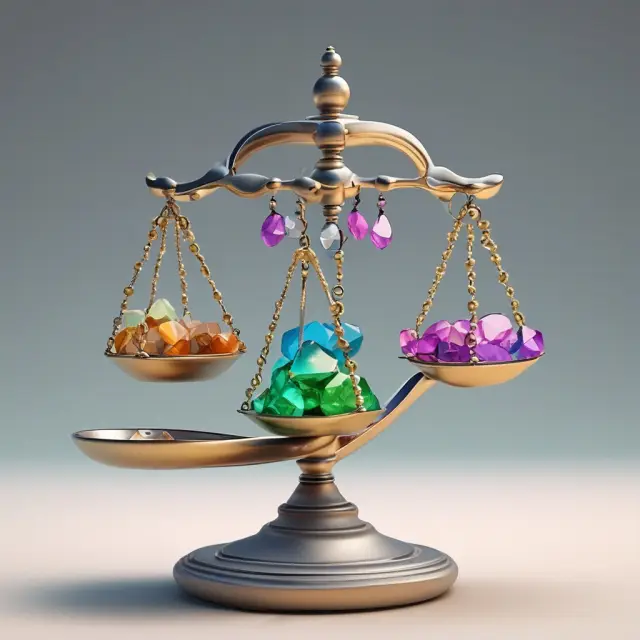 A golden scale holds a balanced arrangement of gems representing assets, liabilities, and equity in a financial statement.