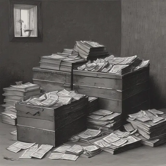 A scene depicting accounting conservatism with historical inventory displayed as old relics, contingent liabilities represented by shadowy specters, and uncollectable receivables as leaky buckets.
