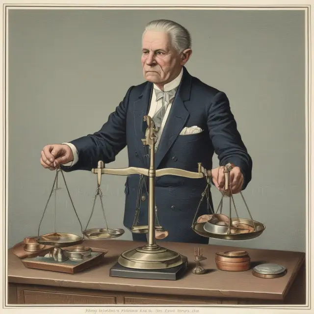 An accountant balancing scales, with GAAP rulebooks and coins, highlighting the importance of financial accuracy and conservatism.