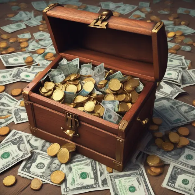 Cash, accounts receivables, inventory, prepaid expenses, fixed assets represented as a treasure chest overflowing with gold coins.