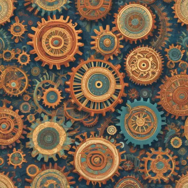 An intricate kaleidoscope featuring gears representing inventory, investments, fixed assets, R&D, and foreign currency translation accounting policies