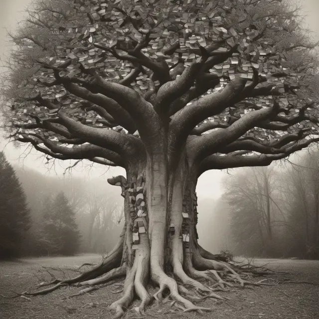 Old tree with books representing accounting standards and time, symbolizing history and evolution of accounting principles