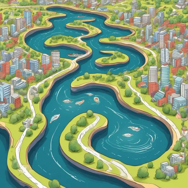 A serene river representing accounting theory flowing through a dynamic landscape symbolizing business and technology, with professionals as skilled navigators guiding organizations along the way