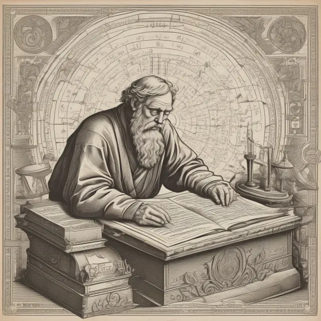 An ancient accountant studying scrolls filled with financial records amidst modern accounting symbols and technological advancements, emphasizing the evolution of accounting