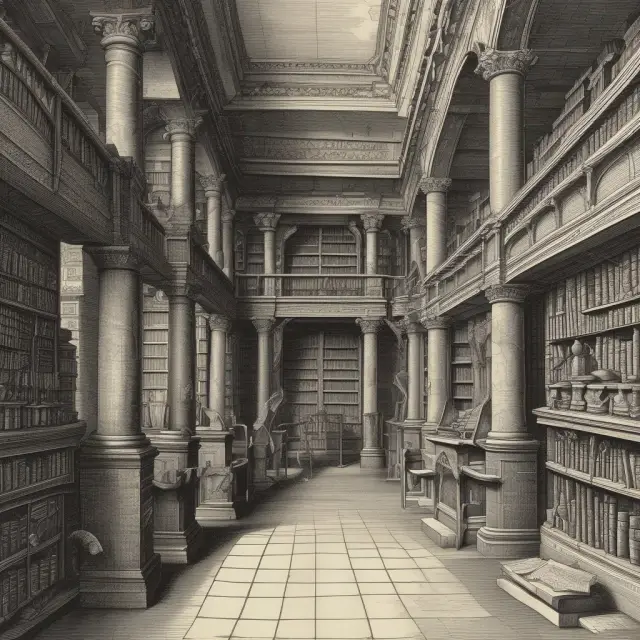 An ancient library with scrolls representing accounting data serving as a bridge to informed investment decisions