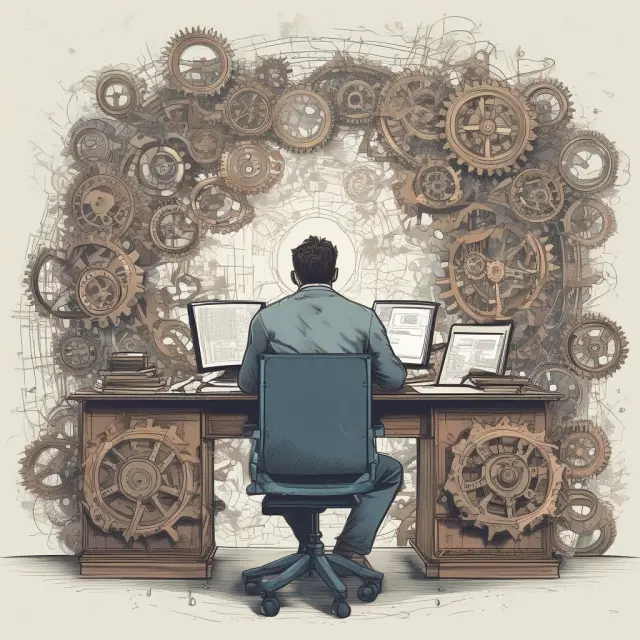 An accountant working on accrual accounting with gears symbolizing the complex processes involved.
