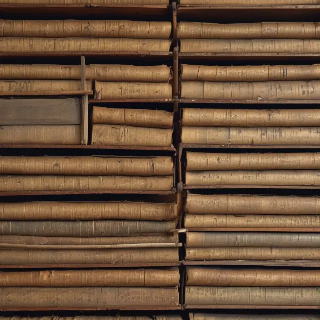 An image of an ancient bookshelf showcasing numerous ledgers, each labeled with a customer