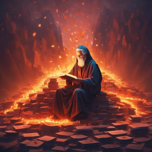 An ancient accountant carefully sorts and assesses aging invoices to maintain financial health