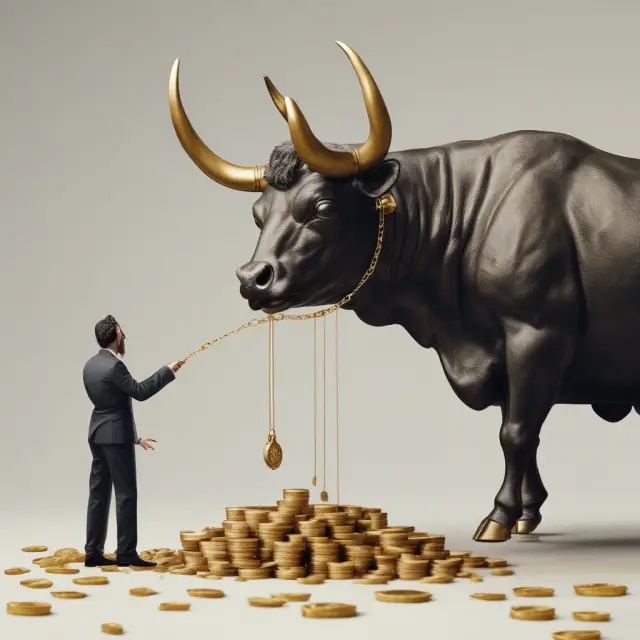 A clockwork bull collects golden coins from revolving account receivables, symbolizing an efficient collections process.