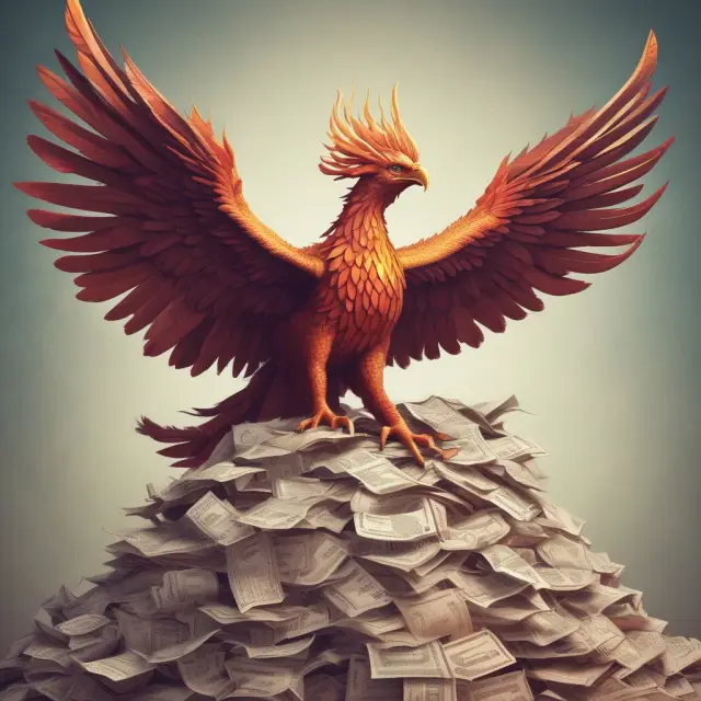 A mythical Phoenix rising from a pile of invoices, representing the evolution and importance of Accounts Receivable Financing