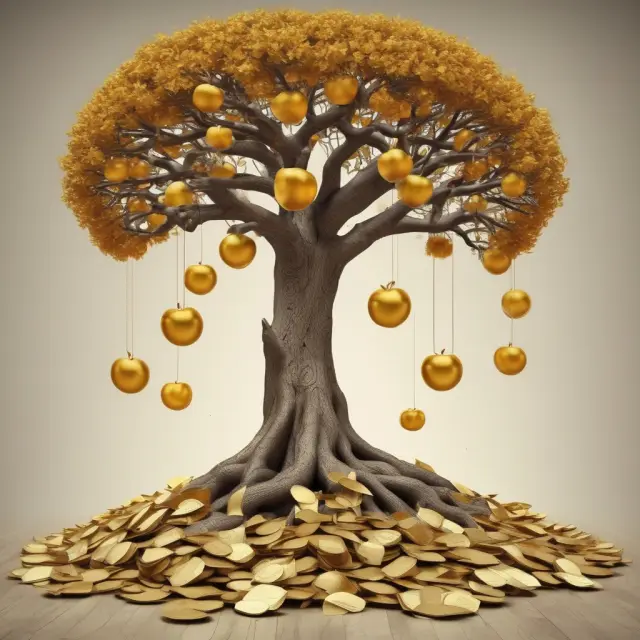 An image of a golden tree laden with apples, each representing an FAQ about accounts receivable financing.