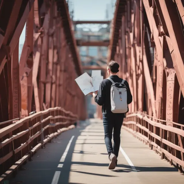 Scholar carries ten modules for AAMS certification exam preparation on a bridge symbolizing learning journey.