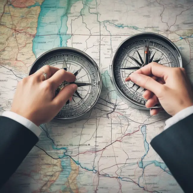 Two compasses represent AAMS and CFP designations, guiding hands on a map signifying professional paths in asset management and financial planning.