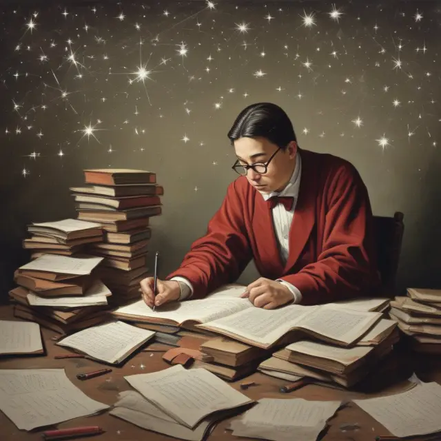 A determined student immersed in books and resources, with exam success represented as twinkling stars