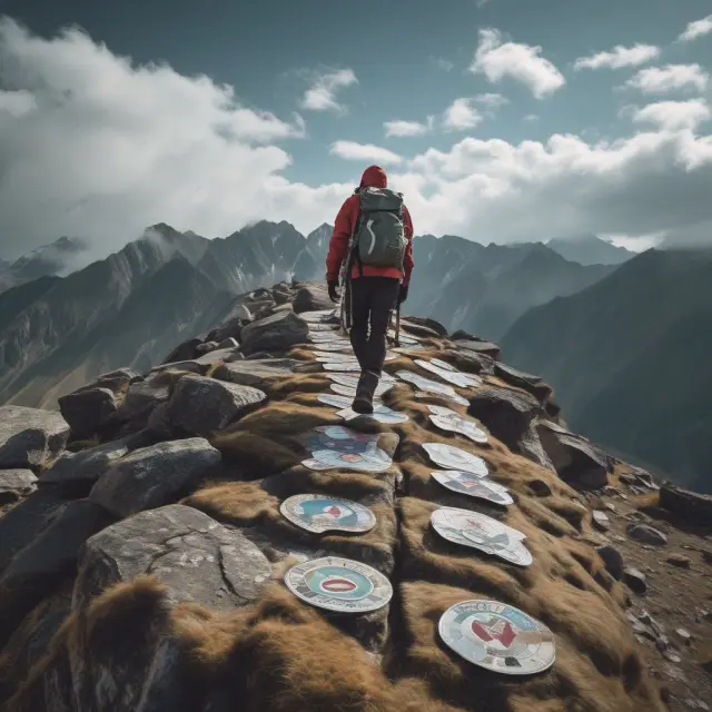 Person climbing a mountain, each step featuring an ABV, CPA, AM, ASA, CFA, and CBV badge as they progress