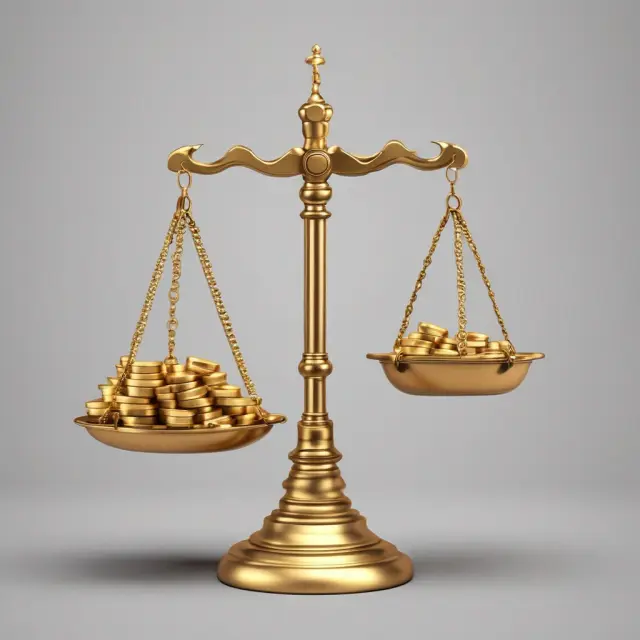 Golden scale tipping with coins, representing accretive financial deals adding value