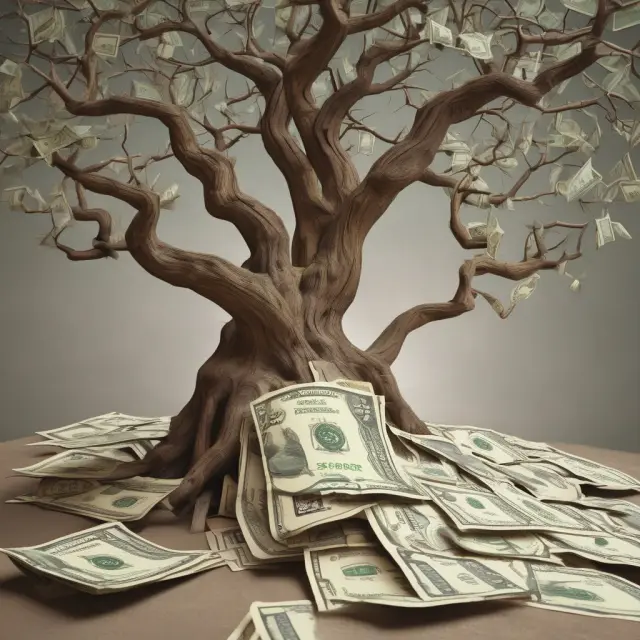Trees symbolizing revenue and expense accruals, with interest branches intertwined, representing the balance achieved by recognizing earnings and payables.