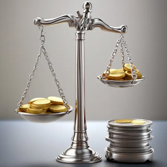 Golden scale with accrued advantages on one side and silver coins representing disadvantages, illustrating the balance of benefits and challenges in accrual accounting.