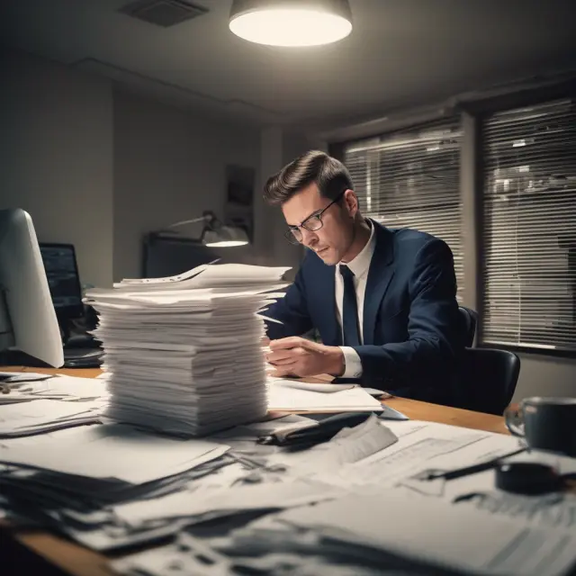 Employee working at a desk with unpaid wages and stack of invoices for goods/services and interest, illustrating accrued liabilities