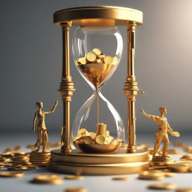 An hourglass with gold coins representing accrued liabilities and the sands of time passing, illustrating their effect on cash flow.