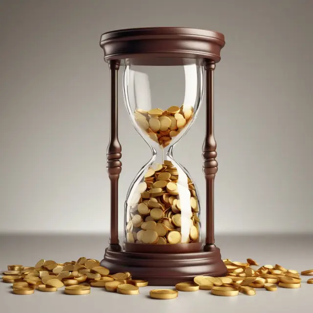 Hourglass with gold coins and hour hand labeled 