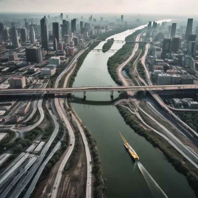 An intricately designed river connecting construction sites, aerospace manufacturing plants, and tenanted properties, symbolizing the concept of accrued revenue in various industries