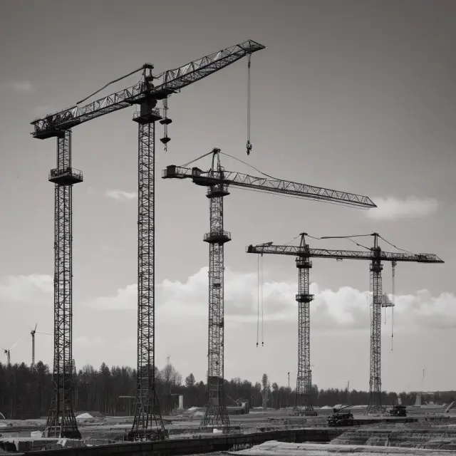 Cranes lifting accrued revenue pillars in a construction site, representing the earning but unrealized revenues for industries