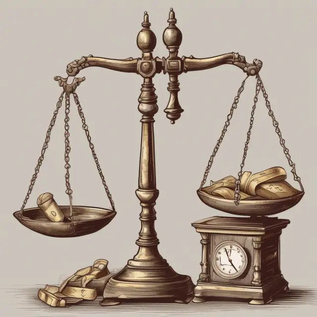 Balance scale illustrating the differences between an accrued expense (hourglass) and a prepaid expense (treasure chest)