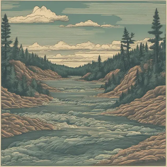 An abundant, winding river symbolizing accrued income flowing between an overflowing jar of earnings and a tranquil pool of received cash