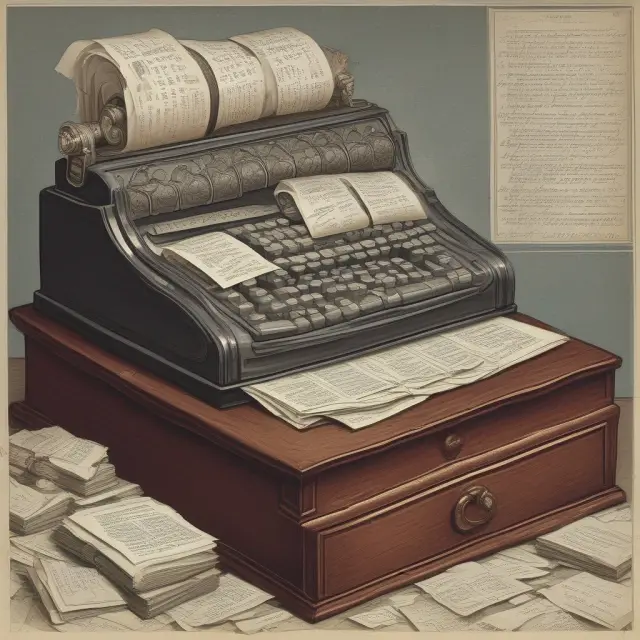 Cash register overflowing with payment and a large accrued income entry in accounting ledger reflecting GAAP principles.