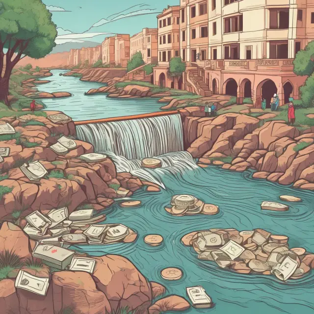 An ever-flowing river symbolizing accrued income in the service industry, gradually filling a basin representing revenue until payments are collected