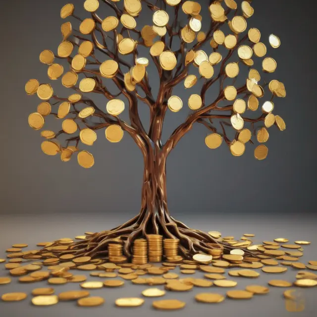 Golden tree with coins symbolizing accrued income in mutual funds. Represents earnings yet to be distributed.