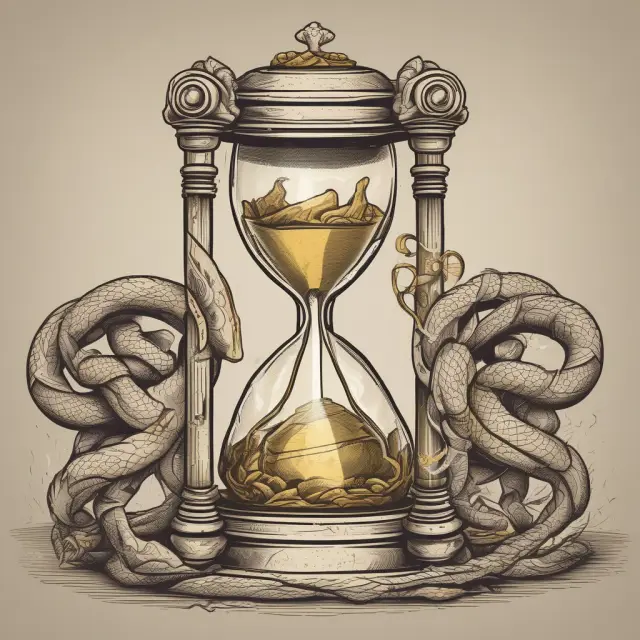 Two intertwined snakes exchange gold coins in the presence of an hourglass signifying accrued interest and the importance of recognizing both interest expense and revenue.